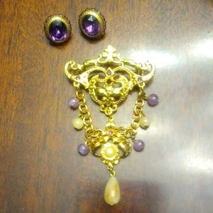 Vintage brooch and matching amethyst colored earrings with beaded border